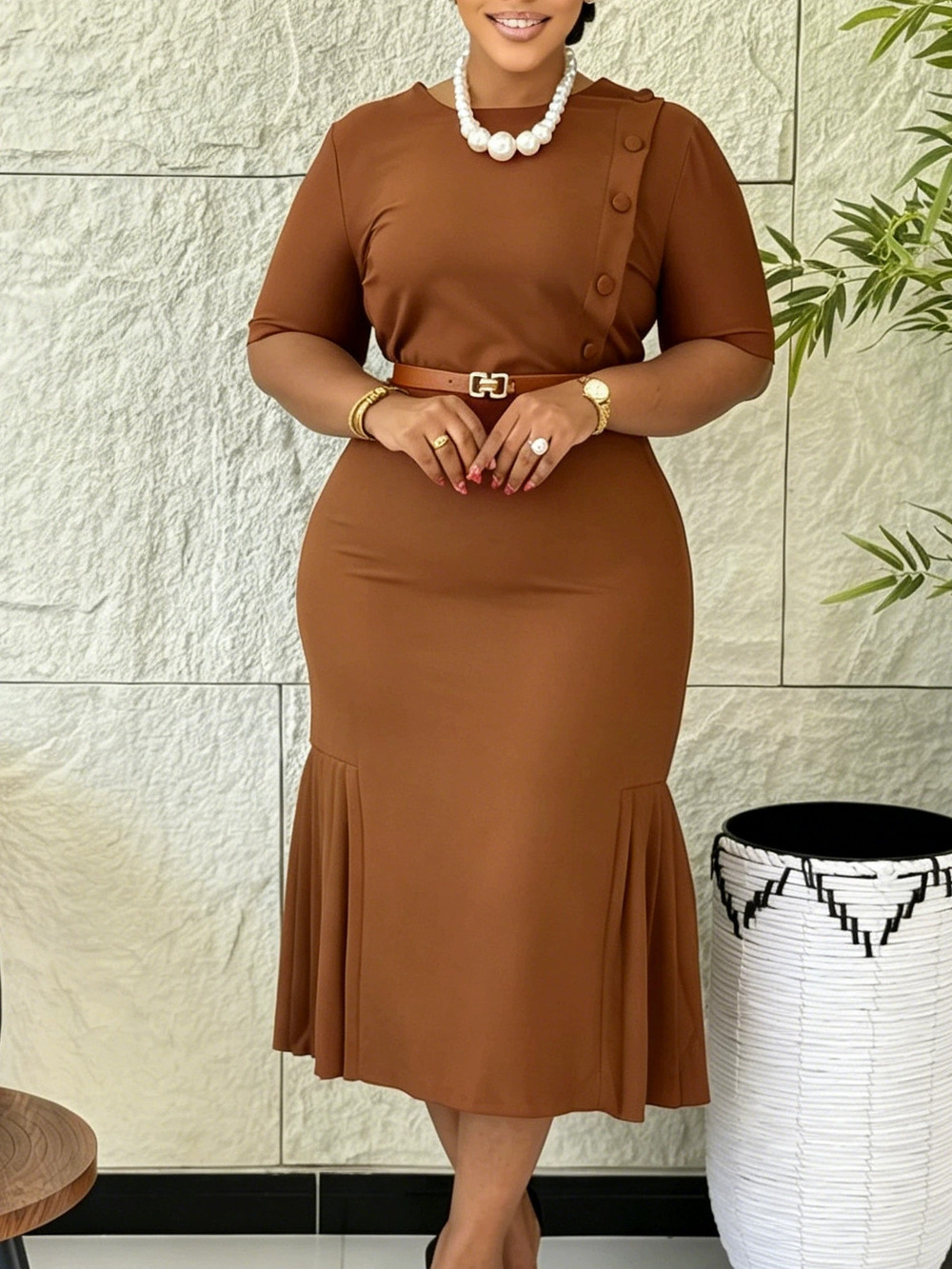 Summer Solid Color Round Neck Short Sleeve Chic Office Slim Plus Size Dress